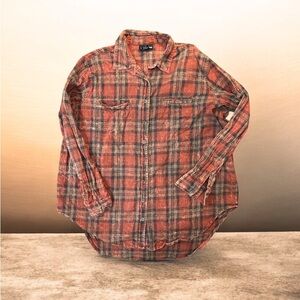 Angie Plaid Button-Up Flannel Shirt, size M